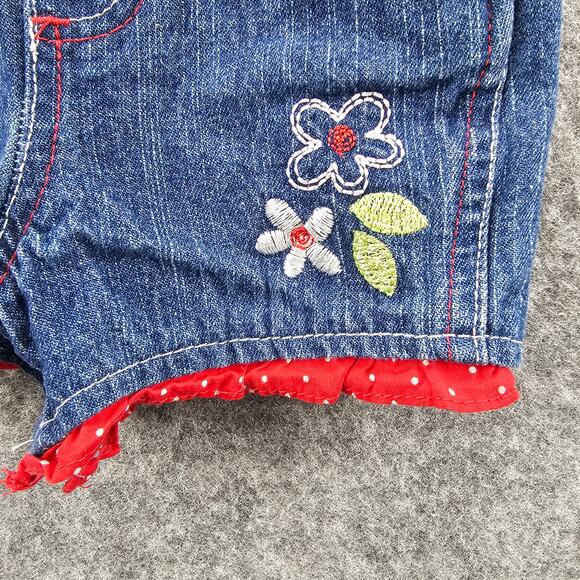 Denim Infant Overalls 6-9 mos Embroidered Strawberry Ruffle Hem Eyelet Accents - Picture 6 of 10